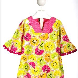 MUD PIE PINK&YELLOW CITRUS PRINT TUNIC W/ POM POMS